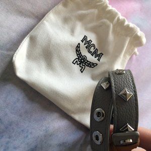 MCM Leather Stud Wrap Bracelet in Grey/Silver